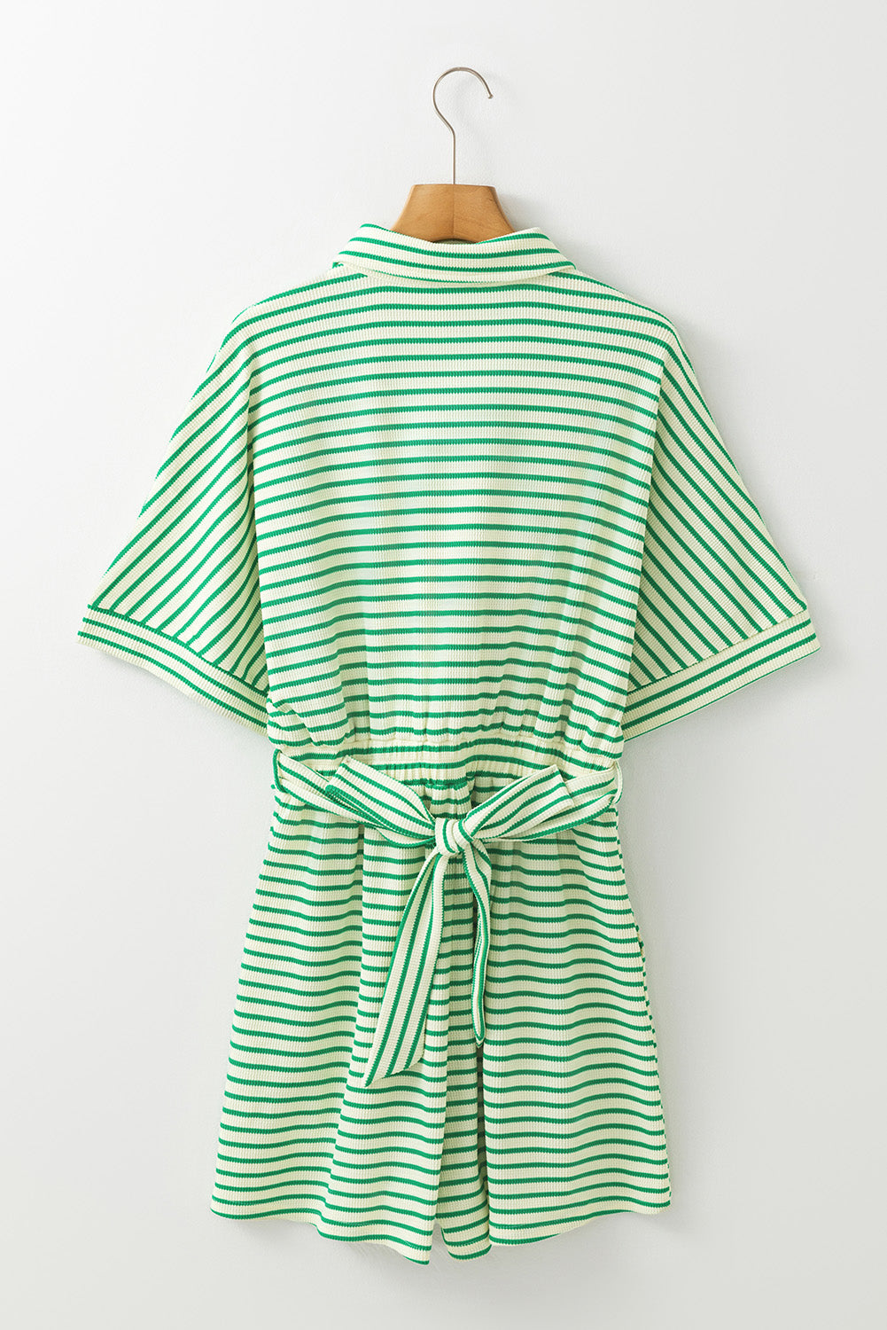 Stripe Short Sleeve Buttoned Collar Belted Romper