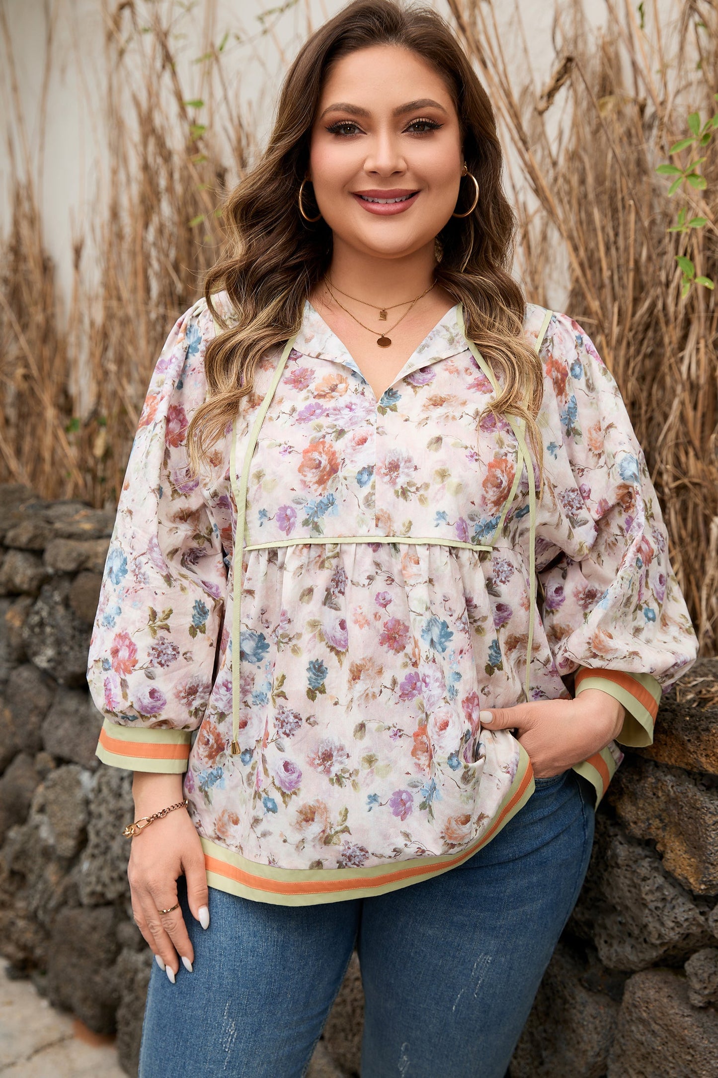 Plus Size Floral Stripe Contrast Trim Babydoll Blouse