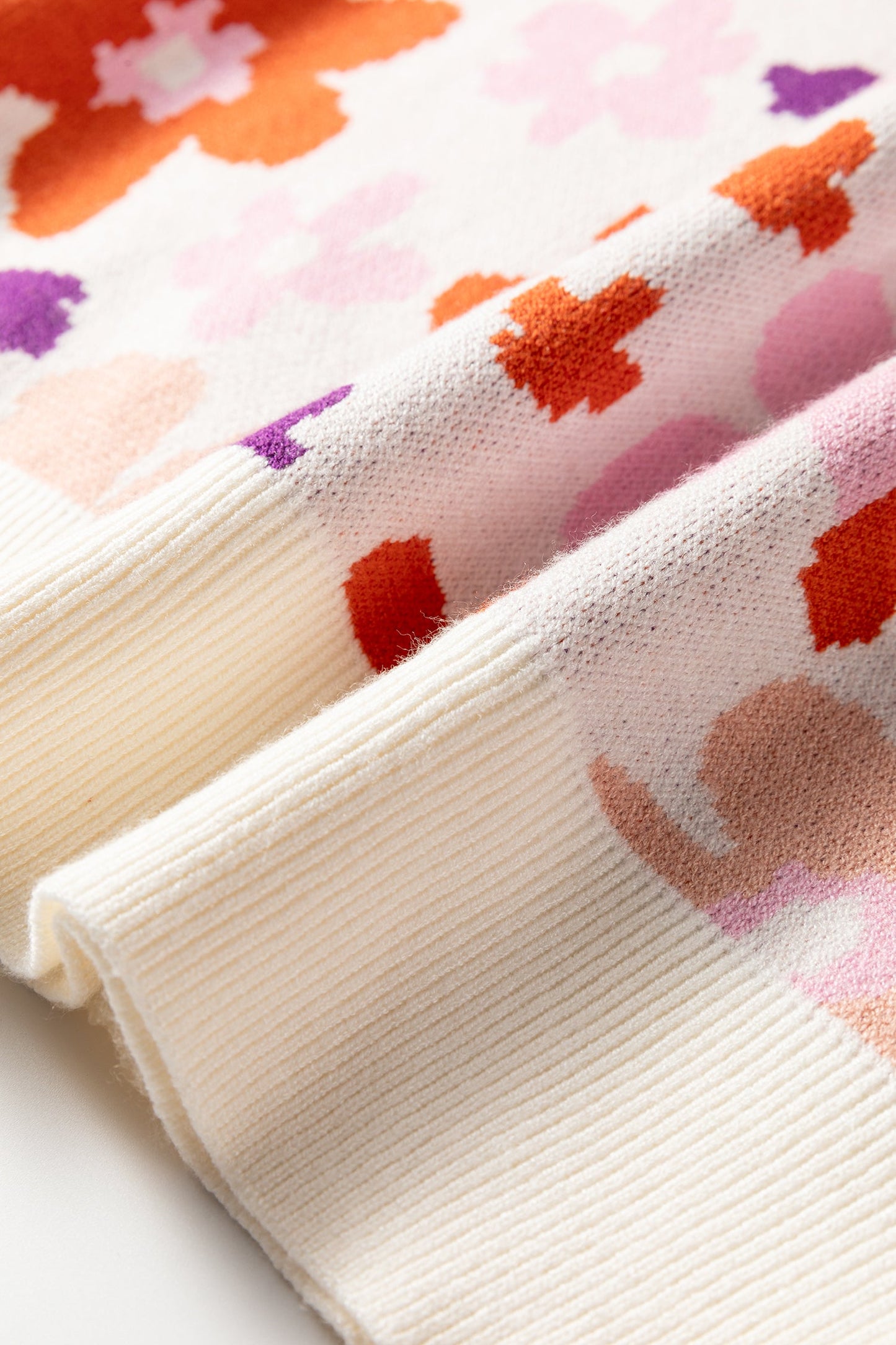 Floral Ribbed Trim Drop Shoulder Sweater