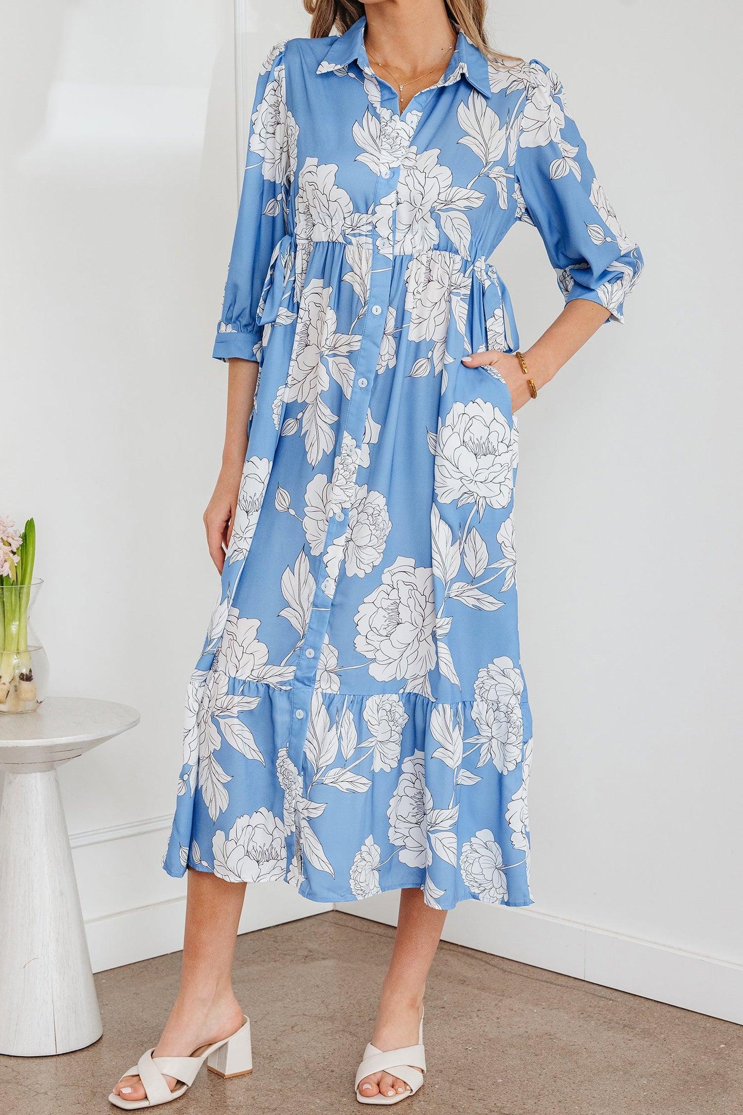 Floral Button-Front 3/4 Sleeve Ruffle Hem Dress