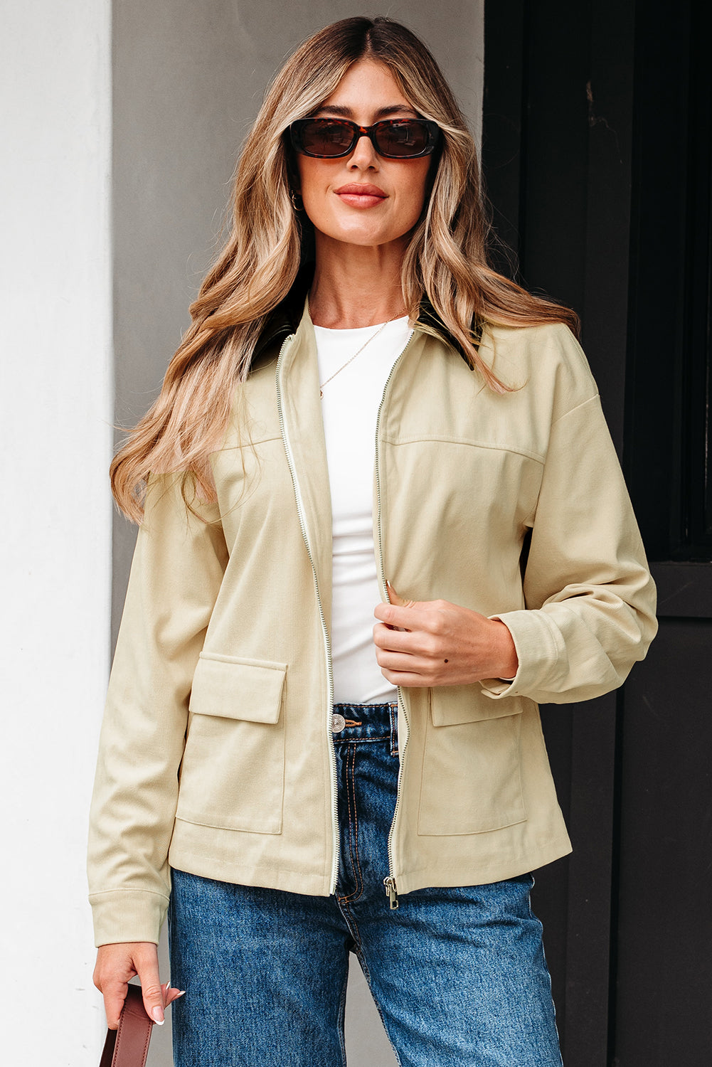 Textured Zip-Up Collared Faux Leather Jacket