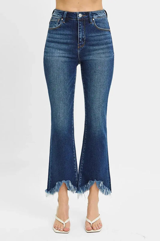 Full Size High Rise Crop Bootcut Fray Hem RISEN Jeans