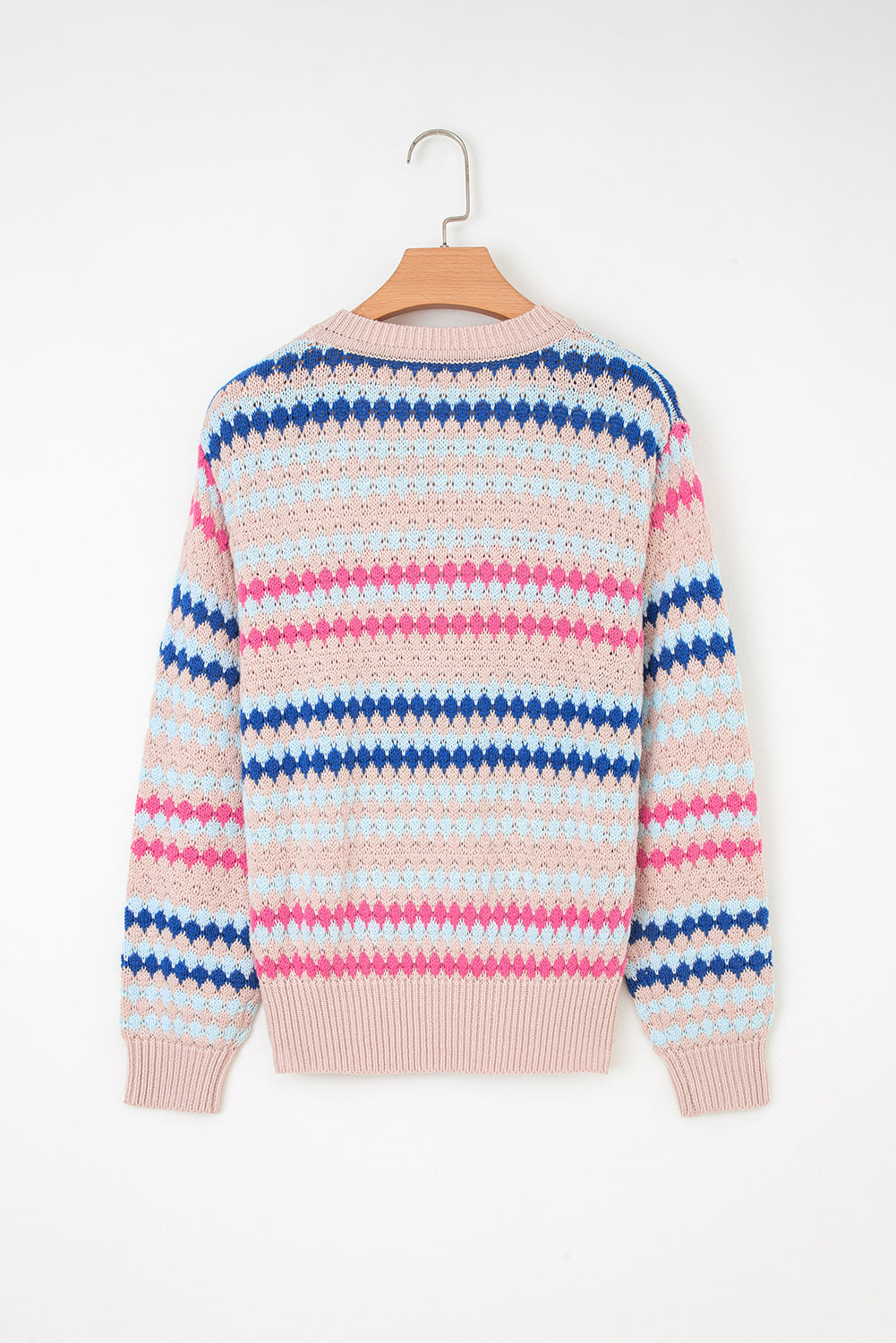 Stripe Eyelet Knit Drop Shoulder Sweater