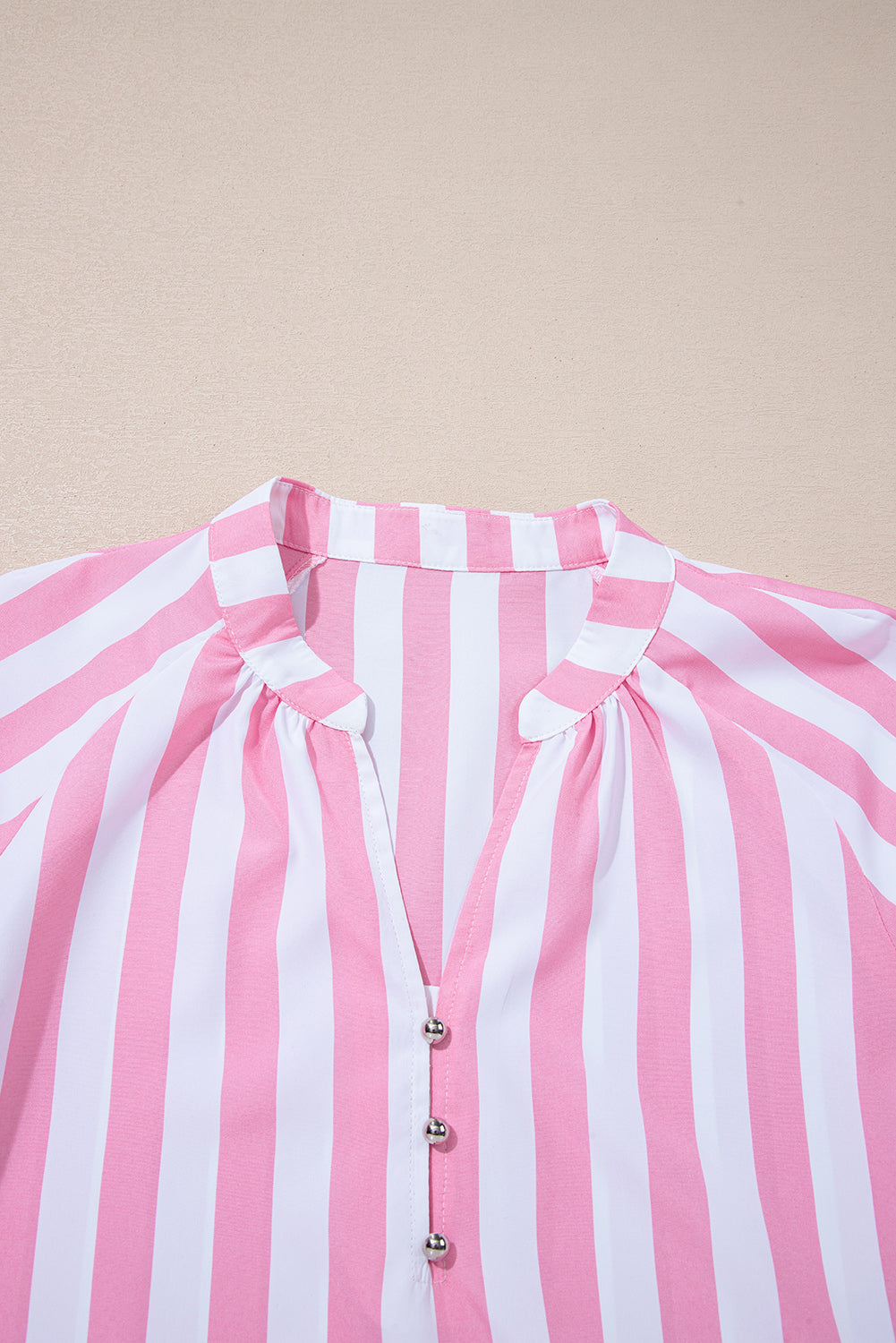Stripe Puff Sleeve Buttoned V-Neck Blouse