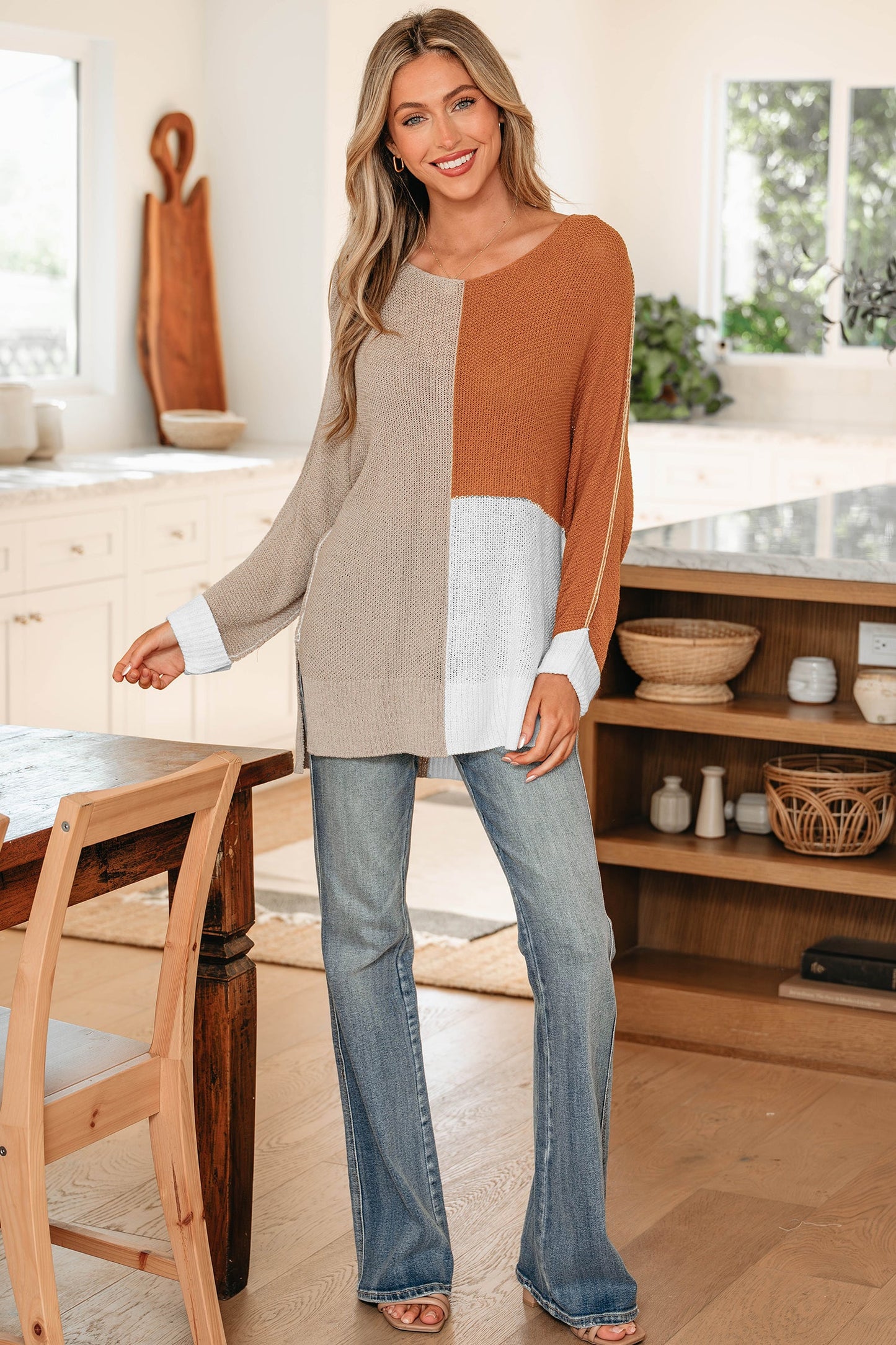 Colorblock Knit V-Neck Sweater