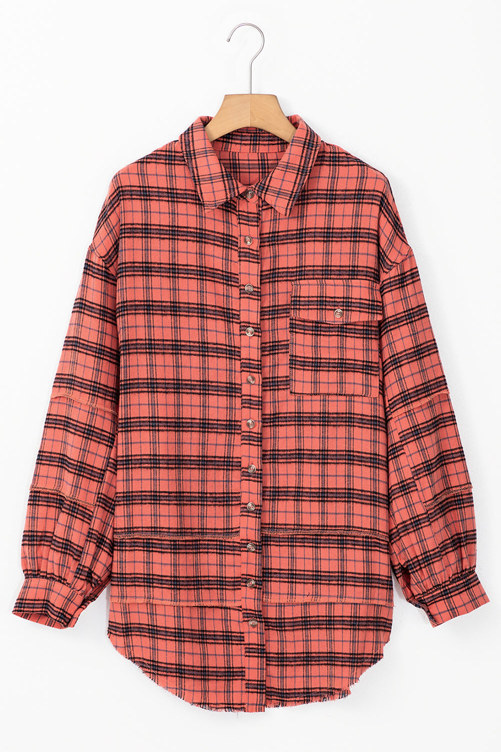Plaid Button-Up Distressed Hem Long Sleeve Shirt