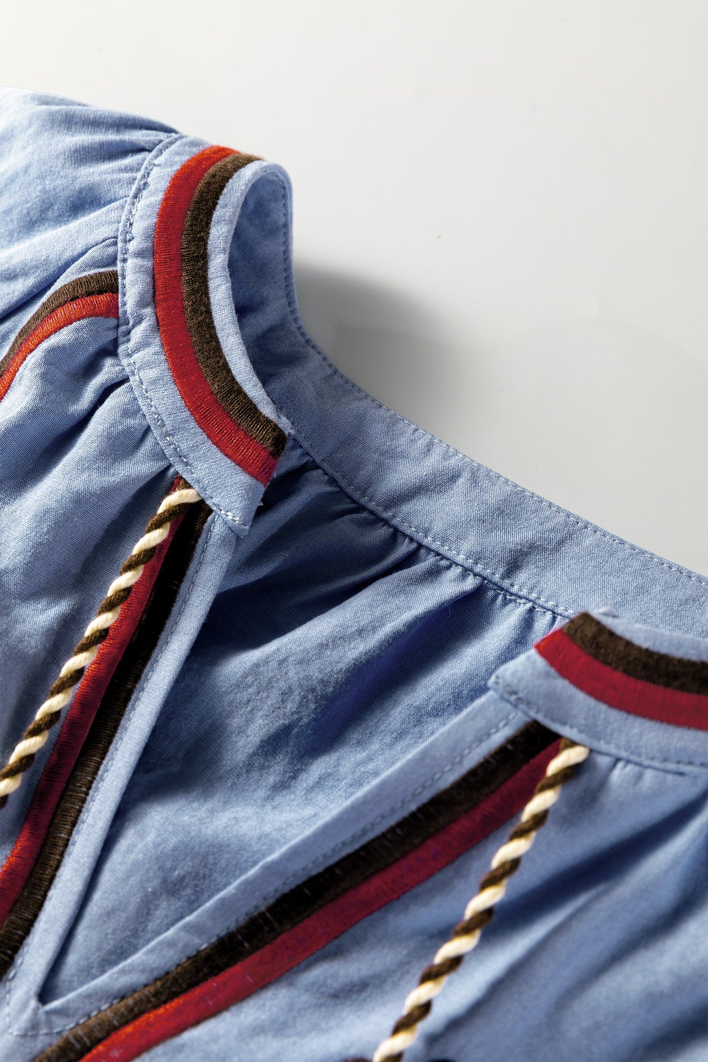 Floral Embroidered Tassel-Tie Puff Sleeve Blouse