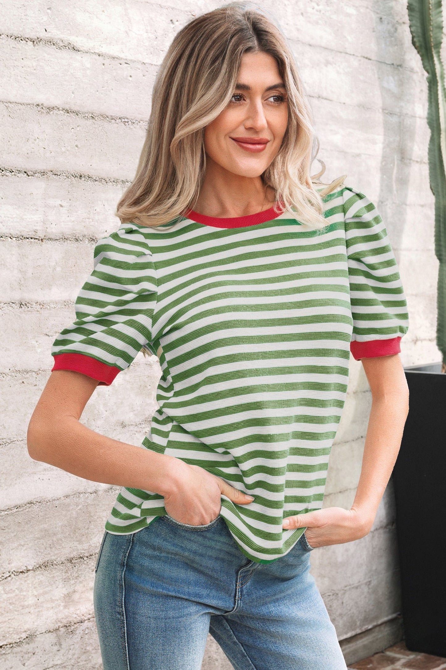 Stripe Contrast Trim Short Puff Sleeve Tee
