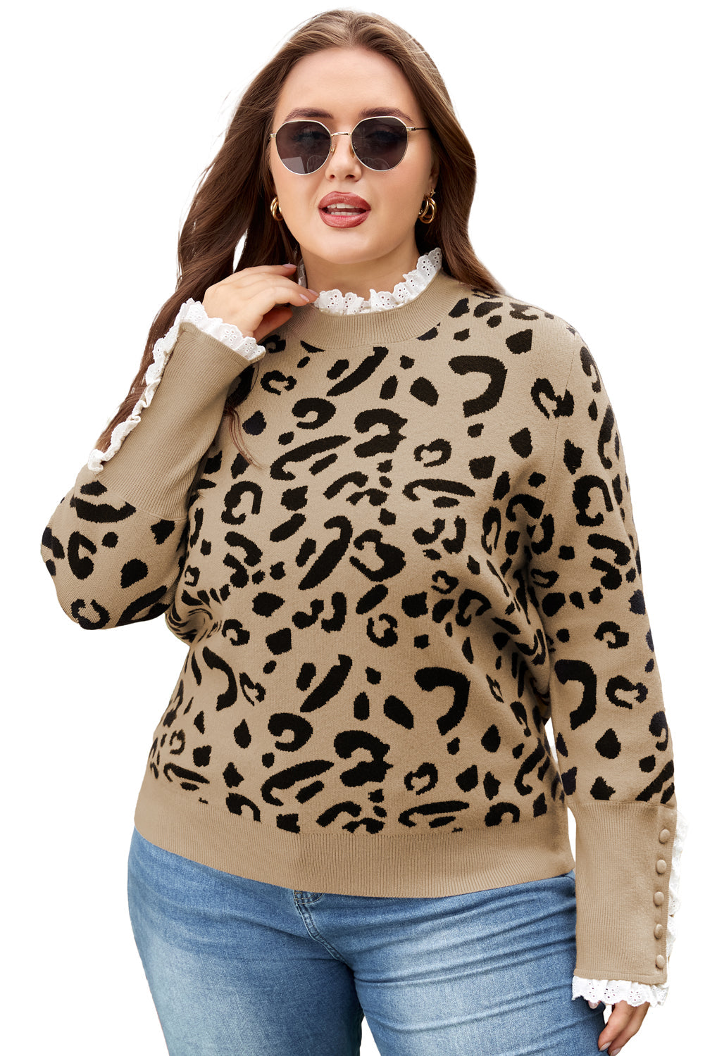 Plus Size Leopard Knit Lacy Trim Long Sleeve Sweater