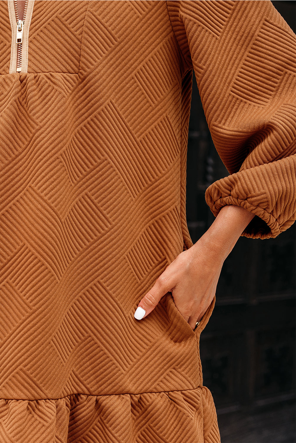 Textured Quarter Zip Collar 3/4 Sleeve Mini Dress