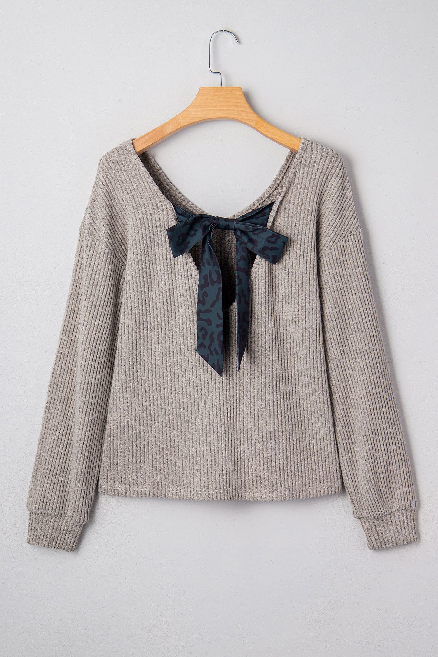 Bow Back Ribbed Knit V-Neck Drop Shoulder Top