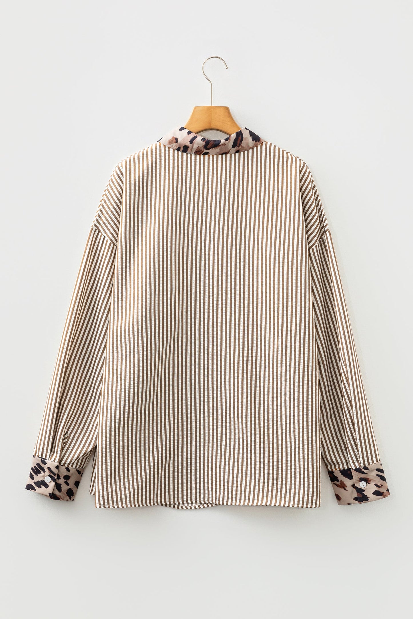 Plus Size Stripe Leopard Chest Pocket Collared Shirt