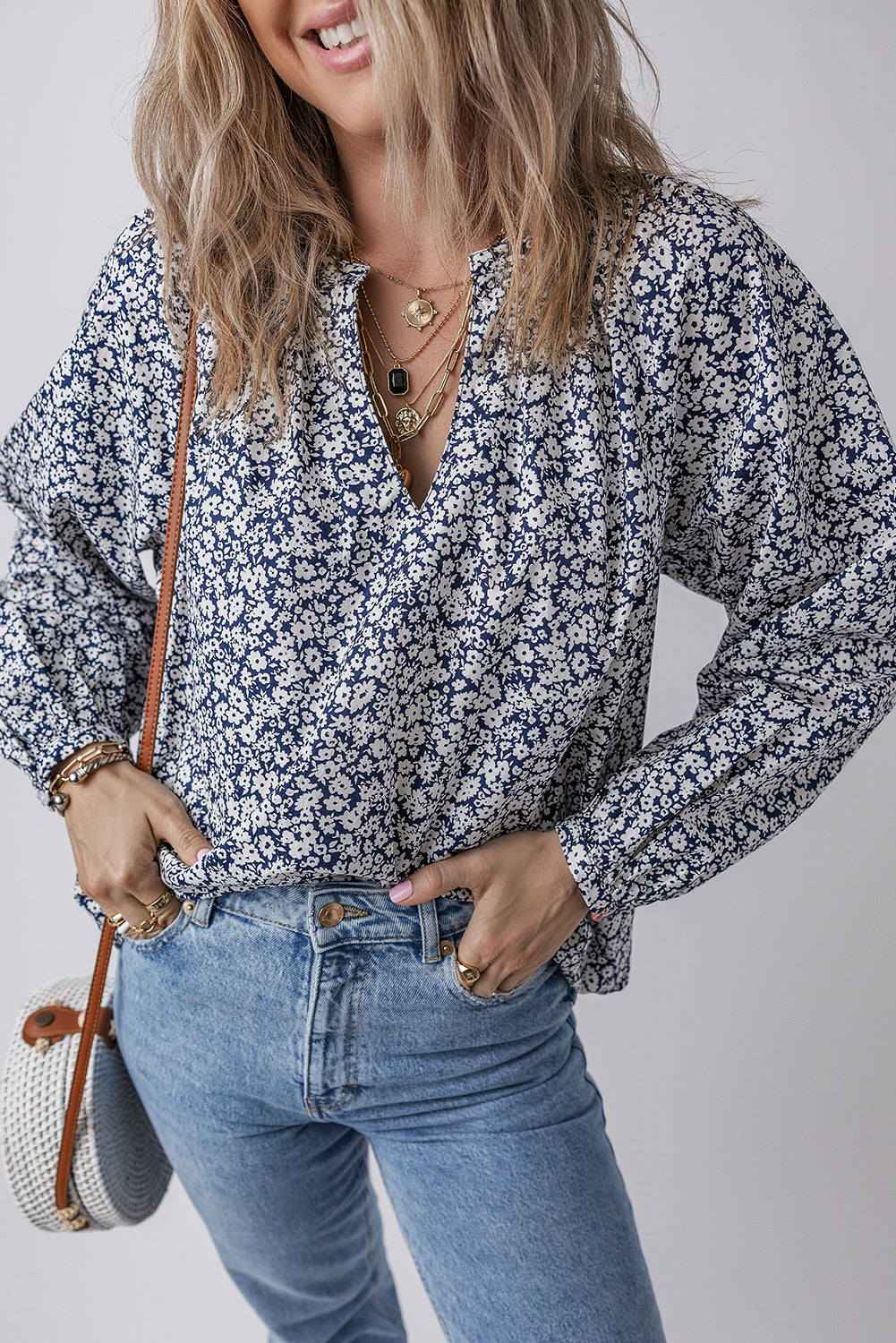 Floral V-Neck Puff Sleeve Blouse