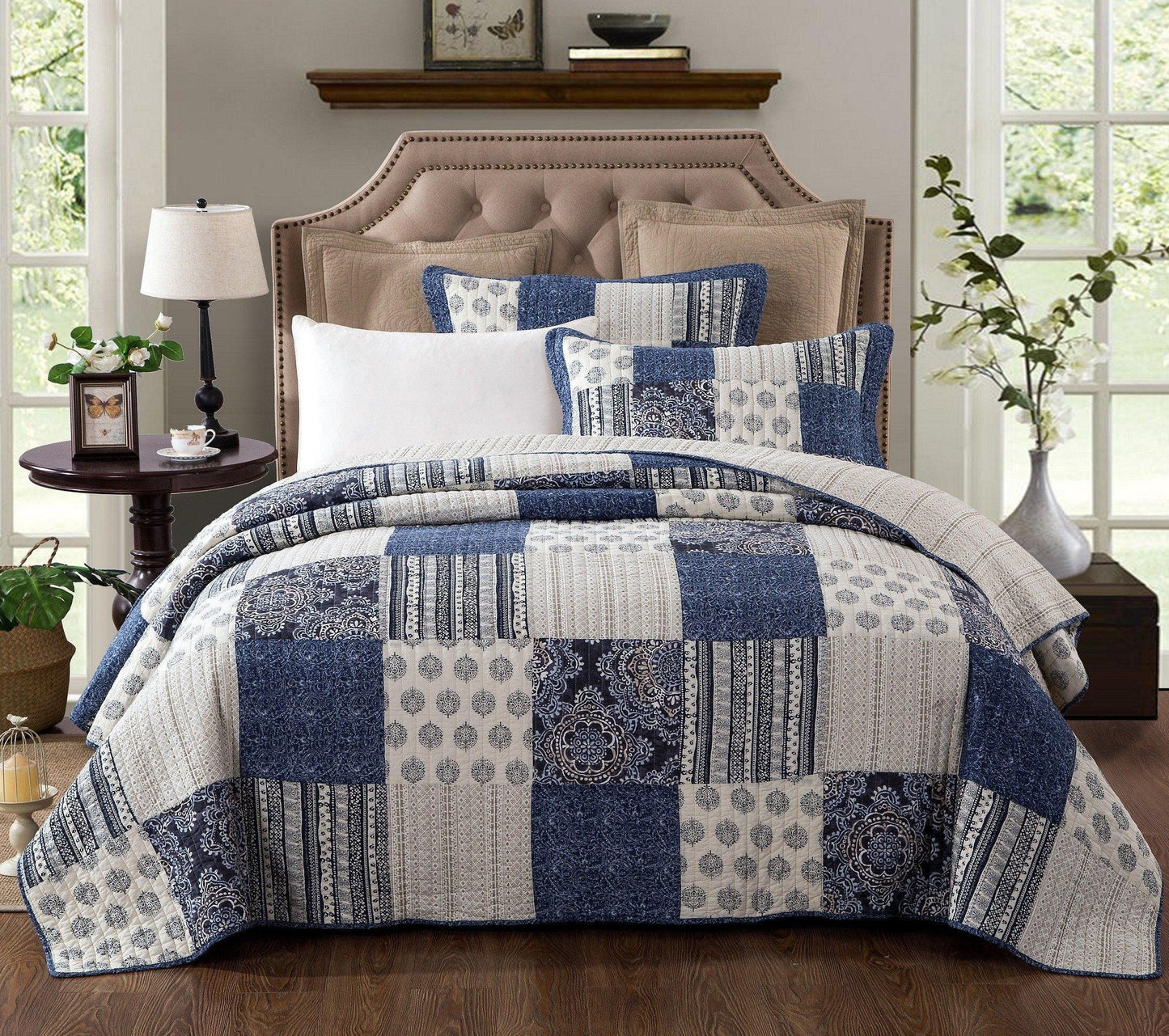 DaDa Bedding Bohemian Denim Blue Elegance Patchwork Cotton Bedspread Set (JHW-660)