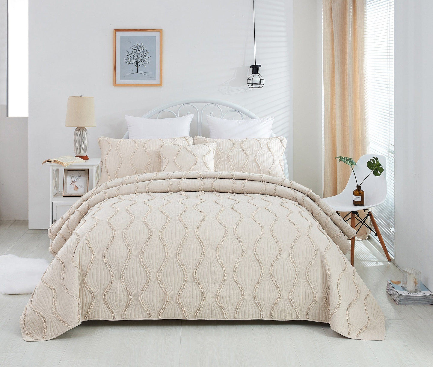 DaDa Bedding Soft Charming French Country Ruffles Quilted Cotton Bedspread Set - Ivory Cream Tan (JHW873)