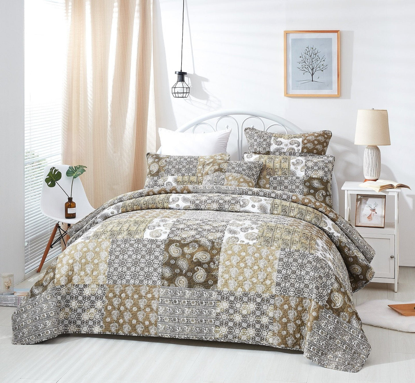 DaDa Bedding Bohemian Olive Brown Moroccan Paisley Floral Filigree Patchwork Cotton Bedspread Set (JHW-885)