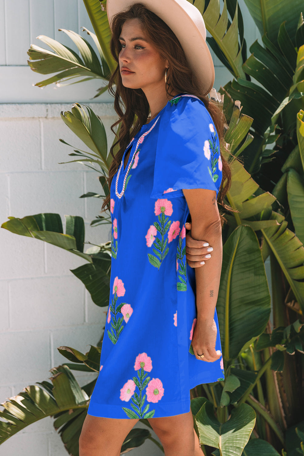 Floral Short Sleeve Split Neck Mini Dress