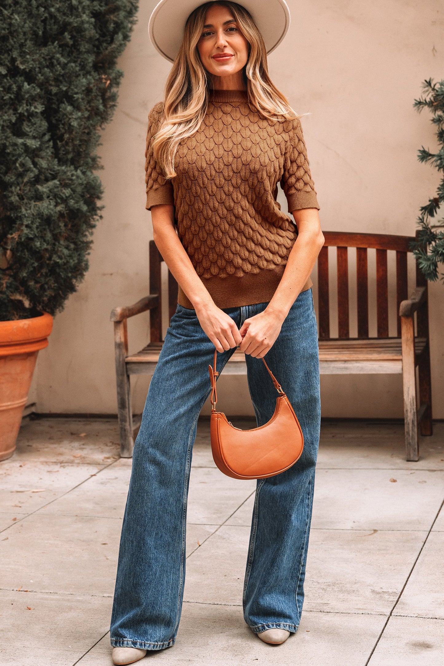 Fish Scale Textured Knit Short Sleeve Sweater