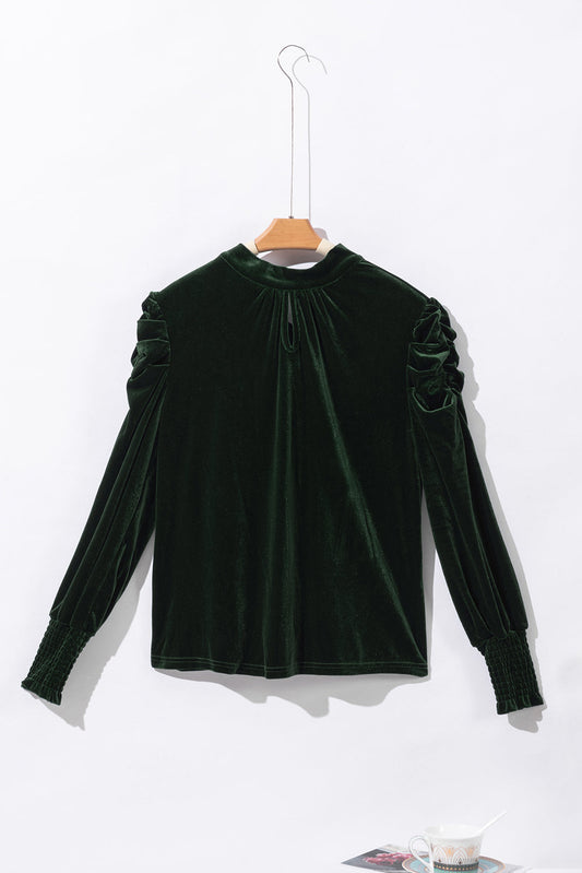 Velvet Mock Neck Puff Sleeve Blouse