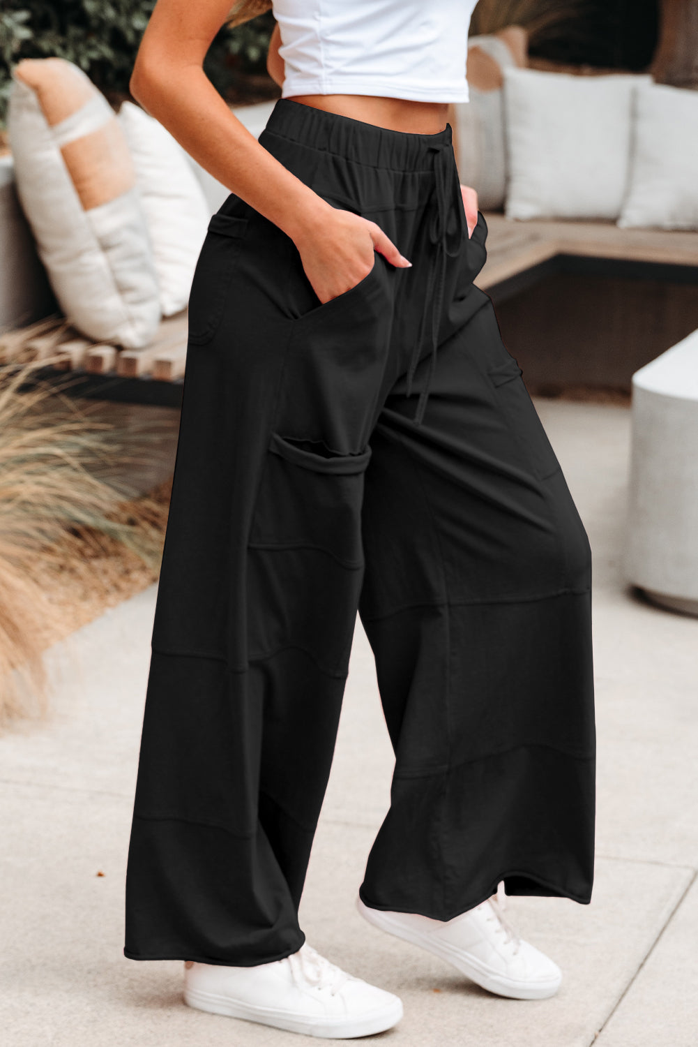 Mineral Wash Reverse Seam Drawstring Elastic Waist Pants