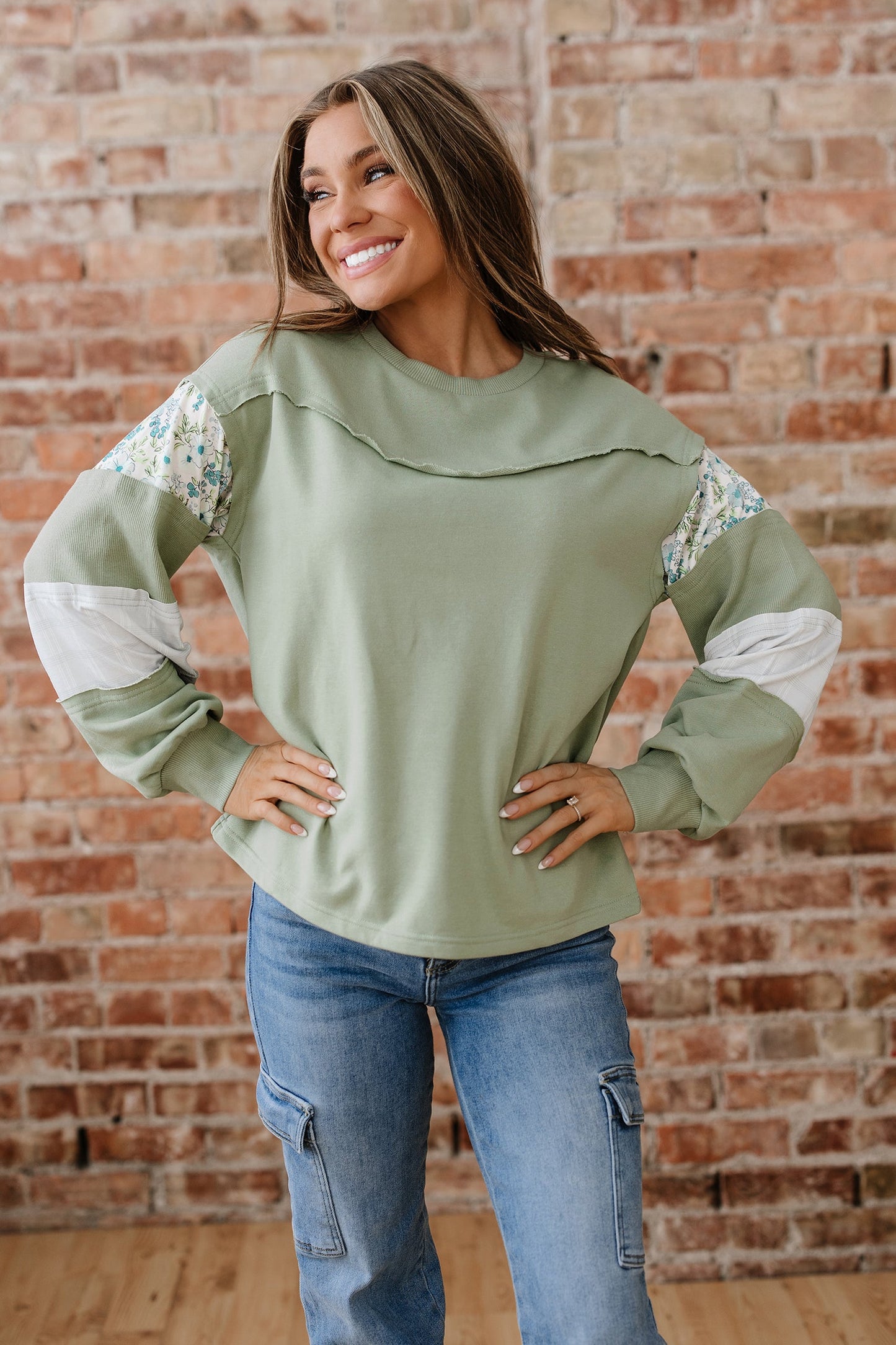 Floral Plaid Patchwork Sleeve French Terry Top