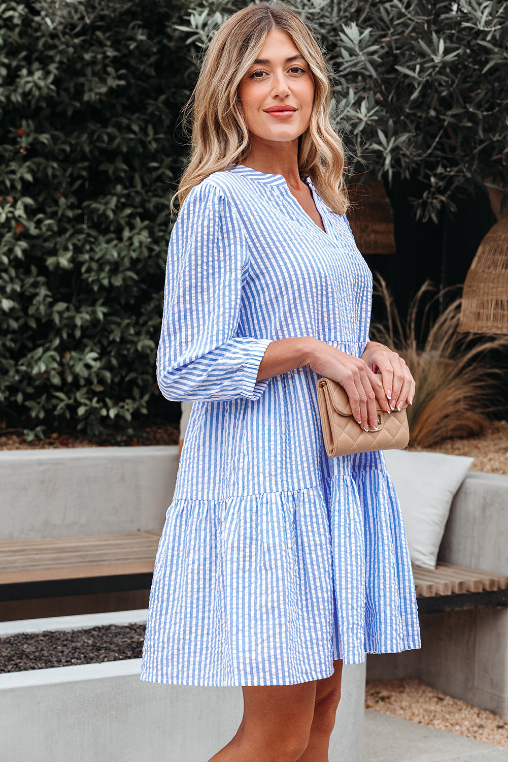 Stripe 3/4 Sleeve Pocketed Tiered Dress