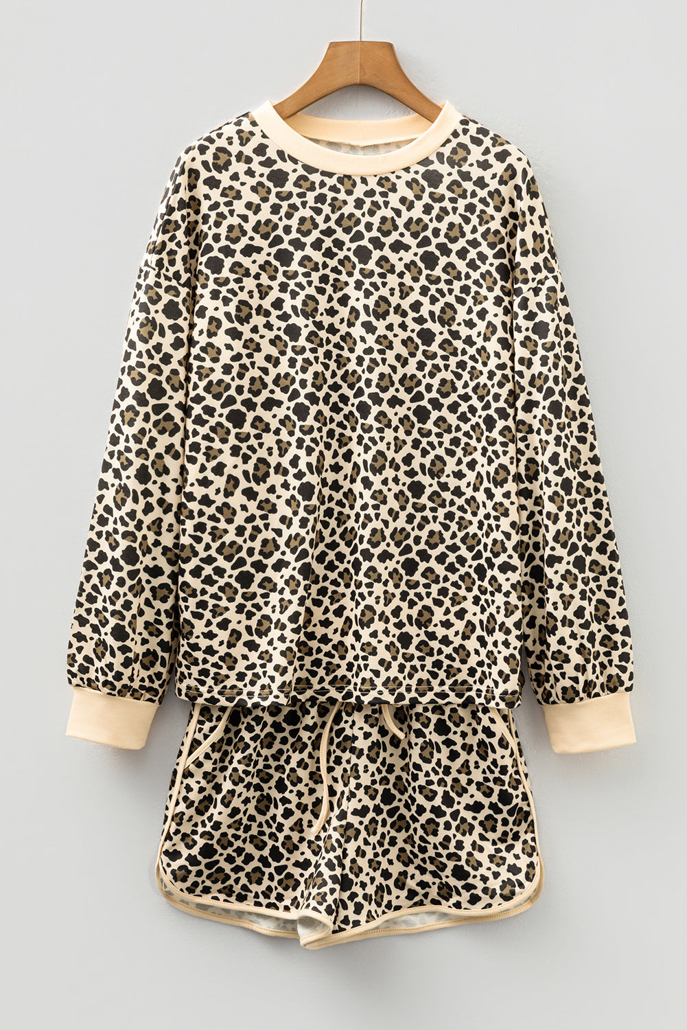 Leopard Contrast Trim Pullover and Drawstring Shorts Set