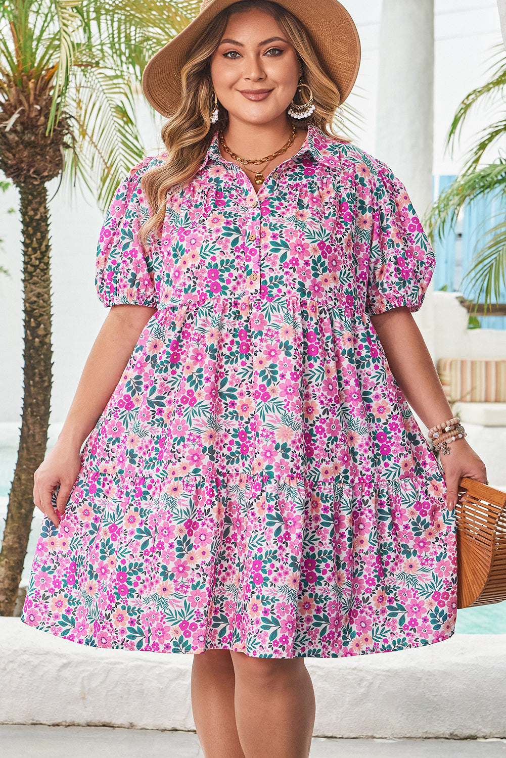 Plus Size Floral Half-Button Puff Sleeve Dress
