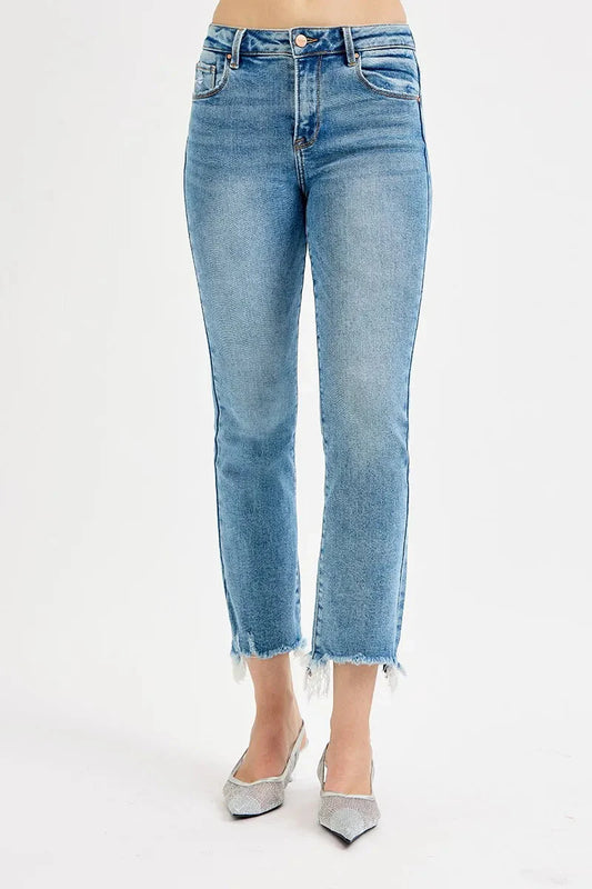 Full Size High Rise Crop Straight Slim Medium Wash RISEN Jeans