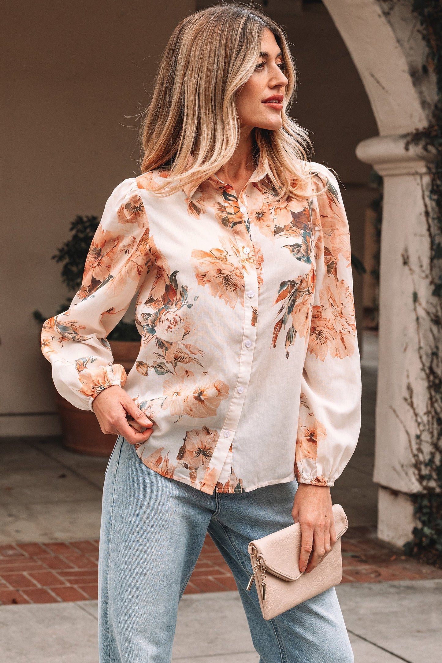 Floral Puff Sleeve Collared Shirt