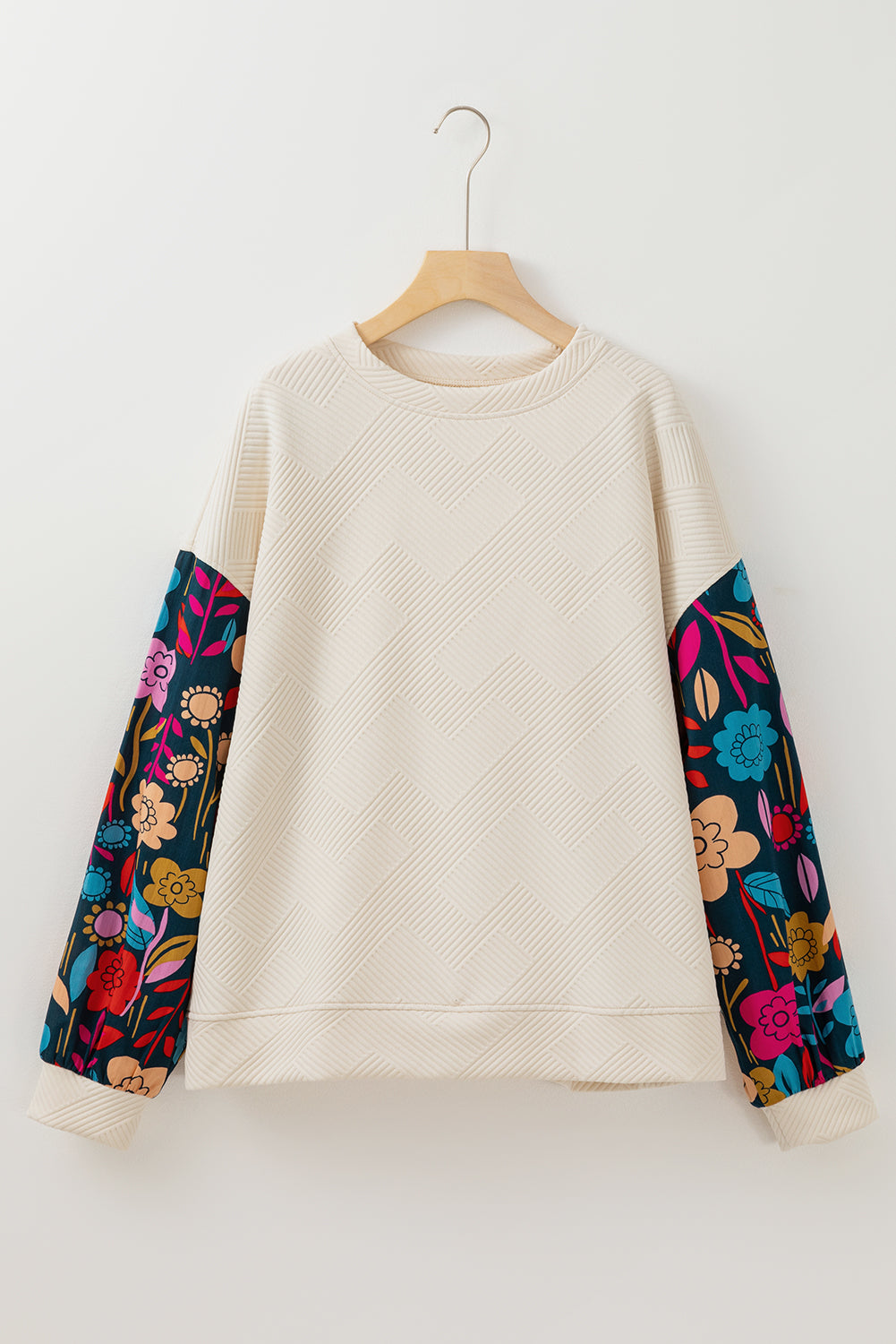 Plus Size Floral Patchwork Sleeve Textured Top