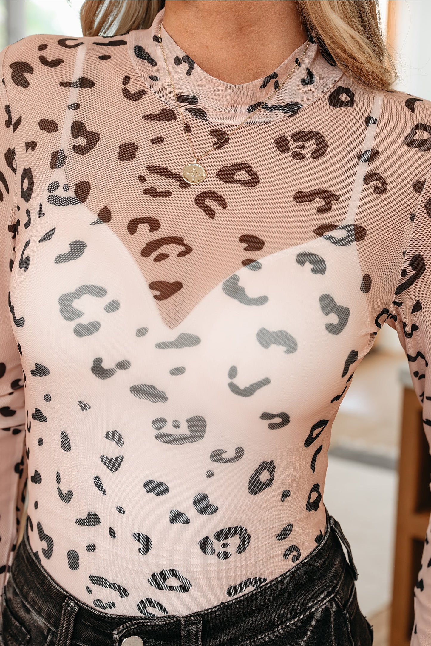 Leopard Mesh Mock Neck Long Sleeve Bodysuit