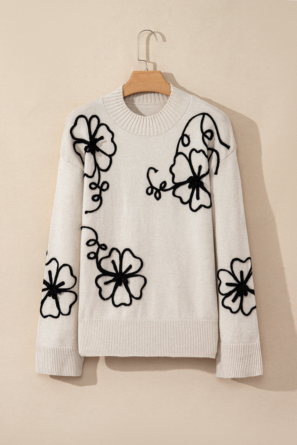 Floral Stitch Mock Neck Sweater