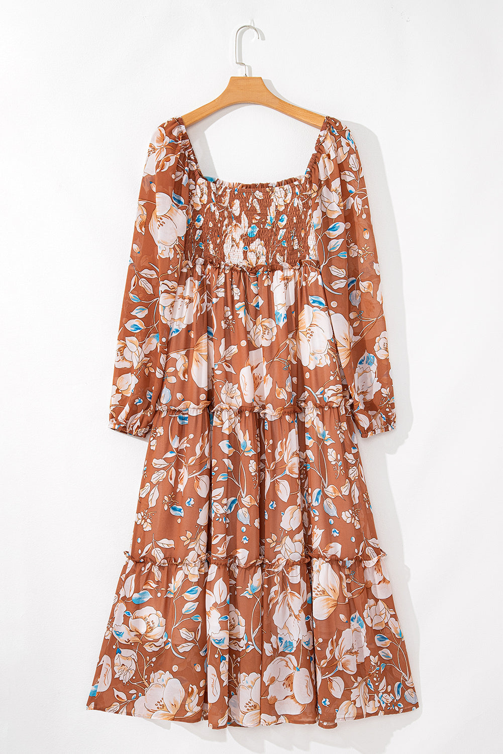 Floral Shirred Square Neck Maxi Dress