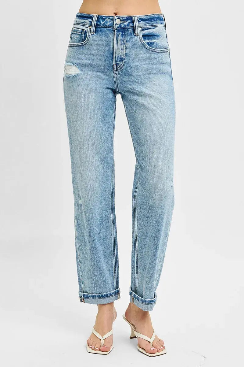 Full Size High Rise Ankle Boyfriend Distressed RISEN Jeans