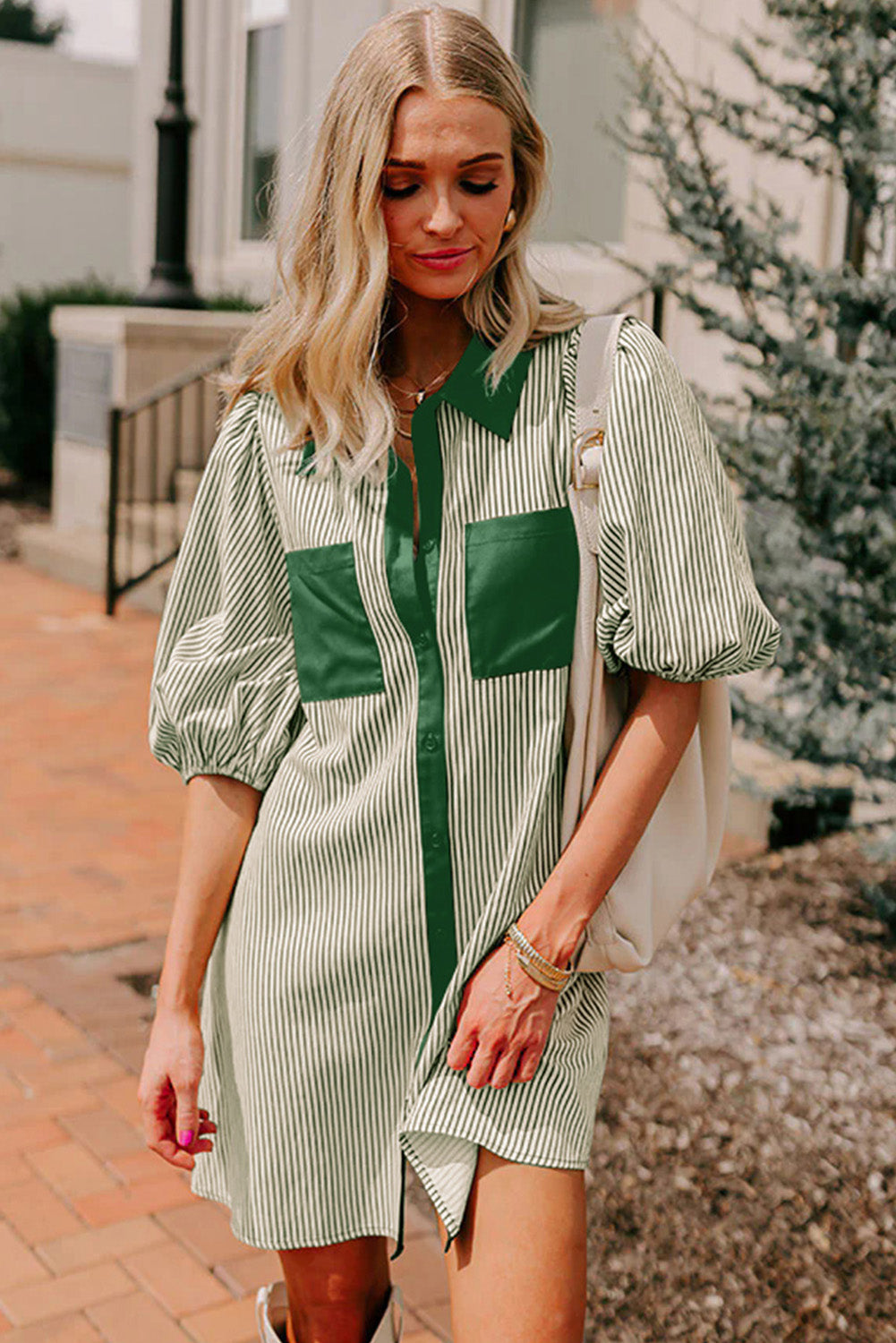 Stripe Patchwork Chest Pocket Mini Shirt Dress