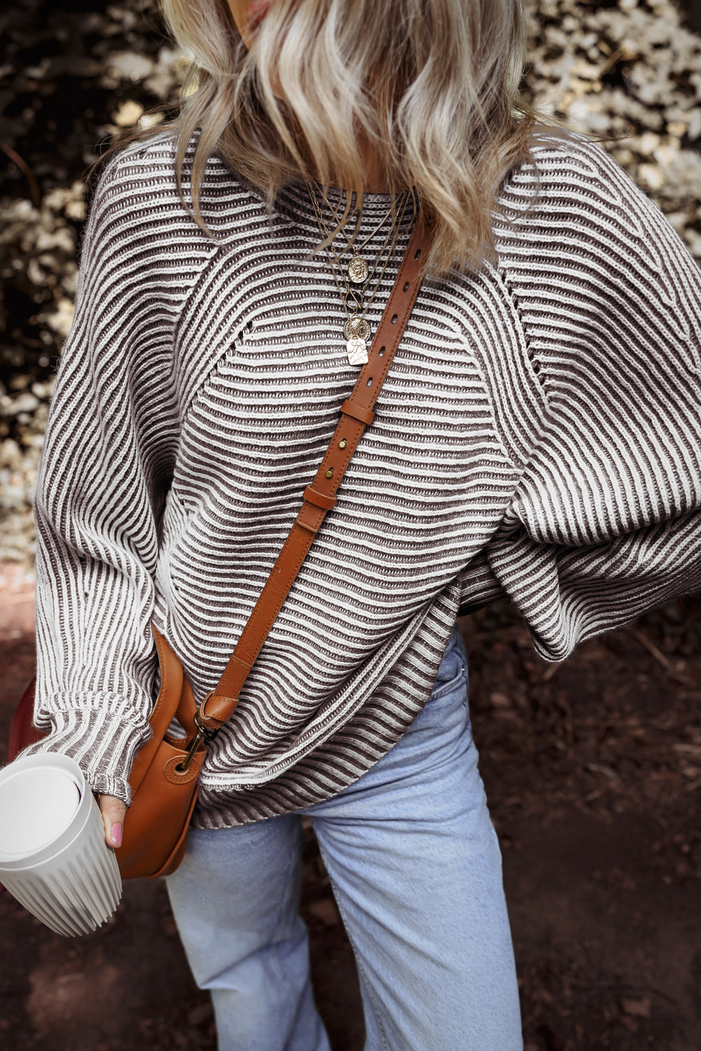 Stripe Ribbed Knit Boat Neck Sweater