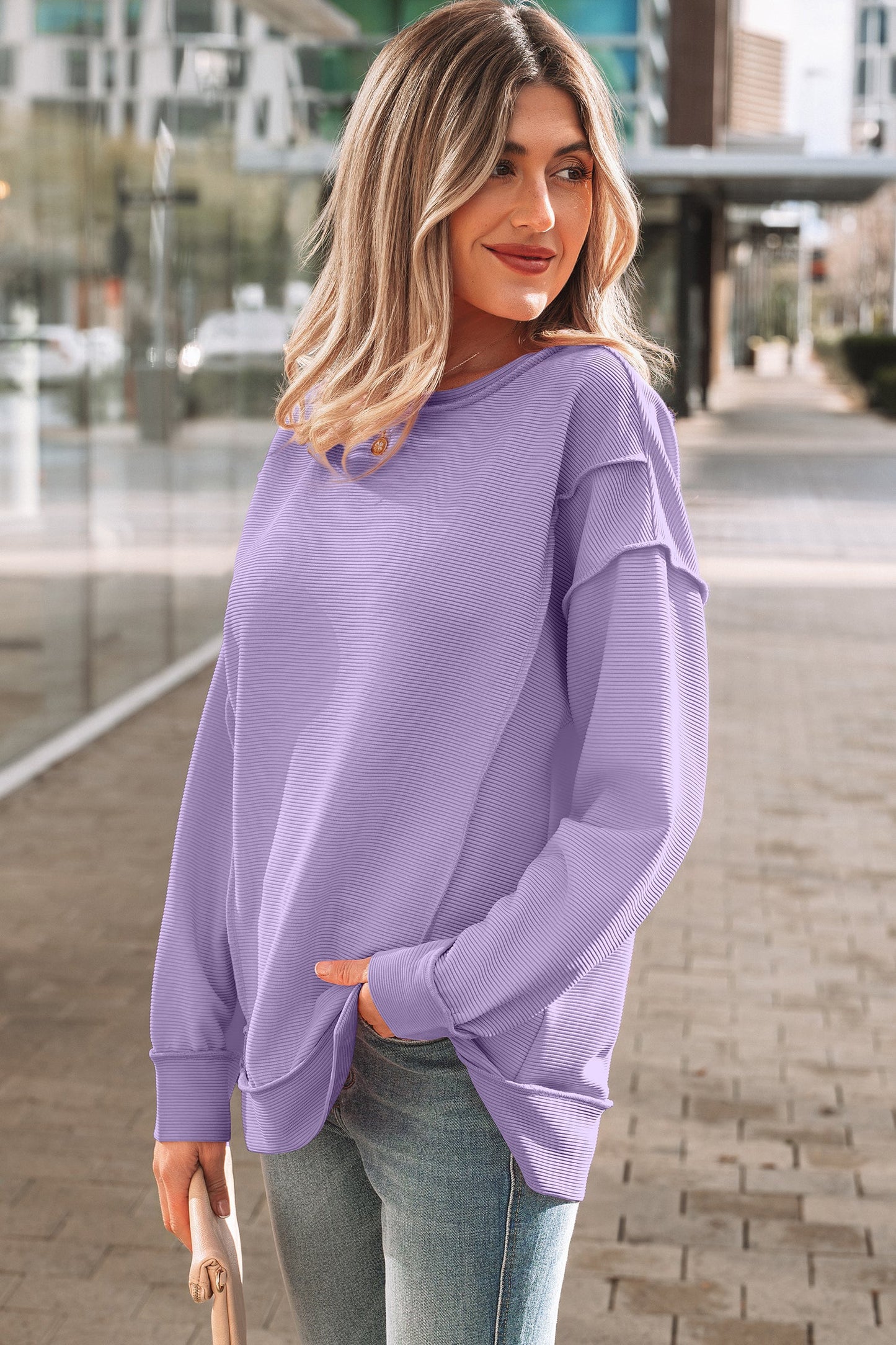 Ribbed Exposed Seam Drop Shoulder Pullover