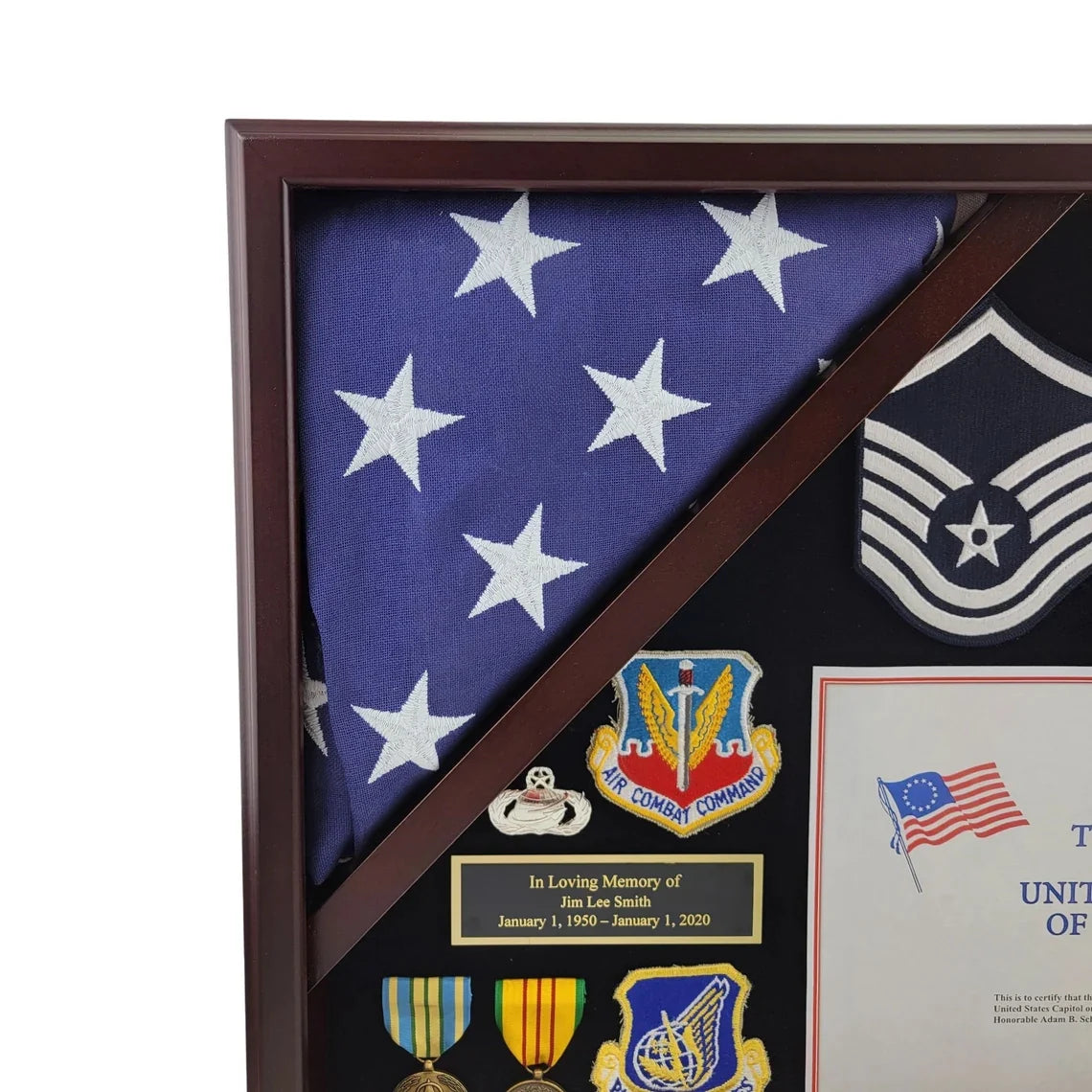 Handcrafted Hardwood Capitol Flag and Certificate Display Case. Veterans Prefer Flag Cases Made in the USA!