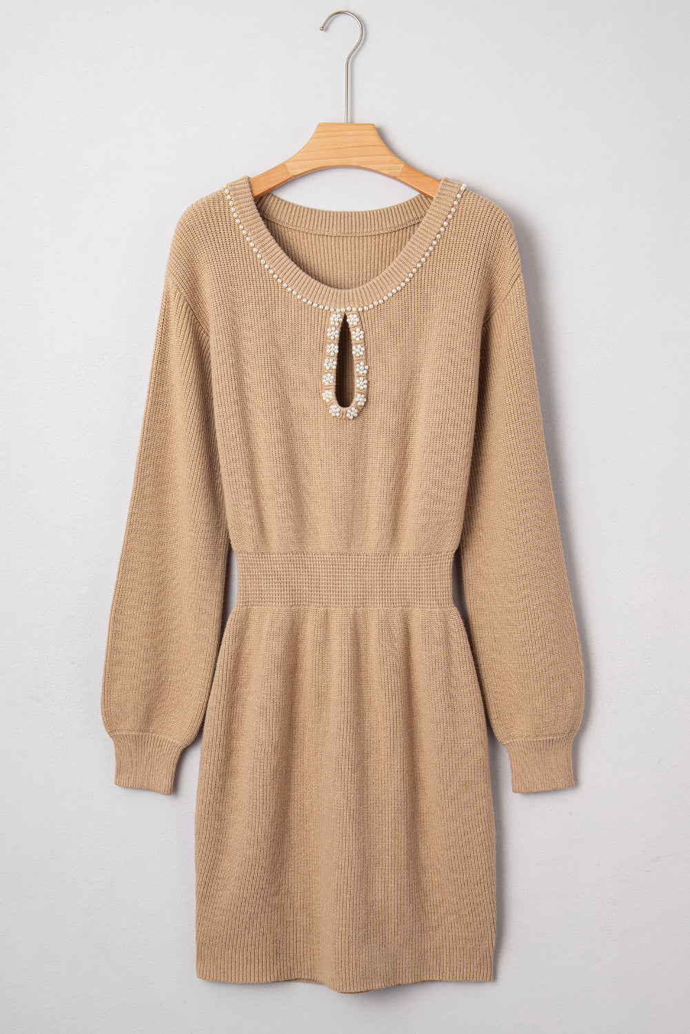 Pearl Embellished Keyhole Ribbed Sweater Dress