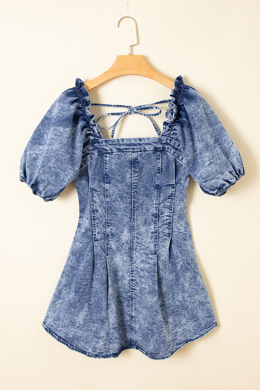 Denim Frilly Square Neck Bustier Puff Sleeve Dress