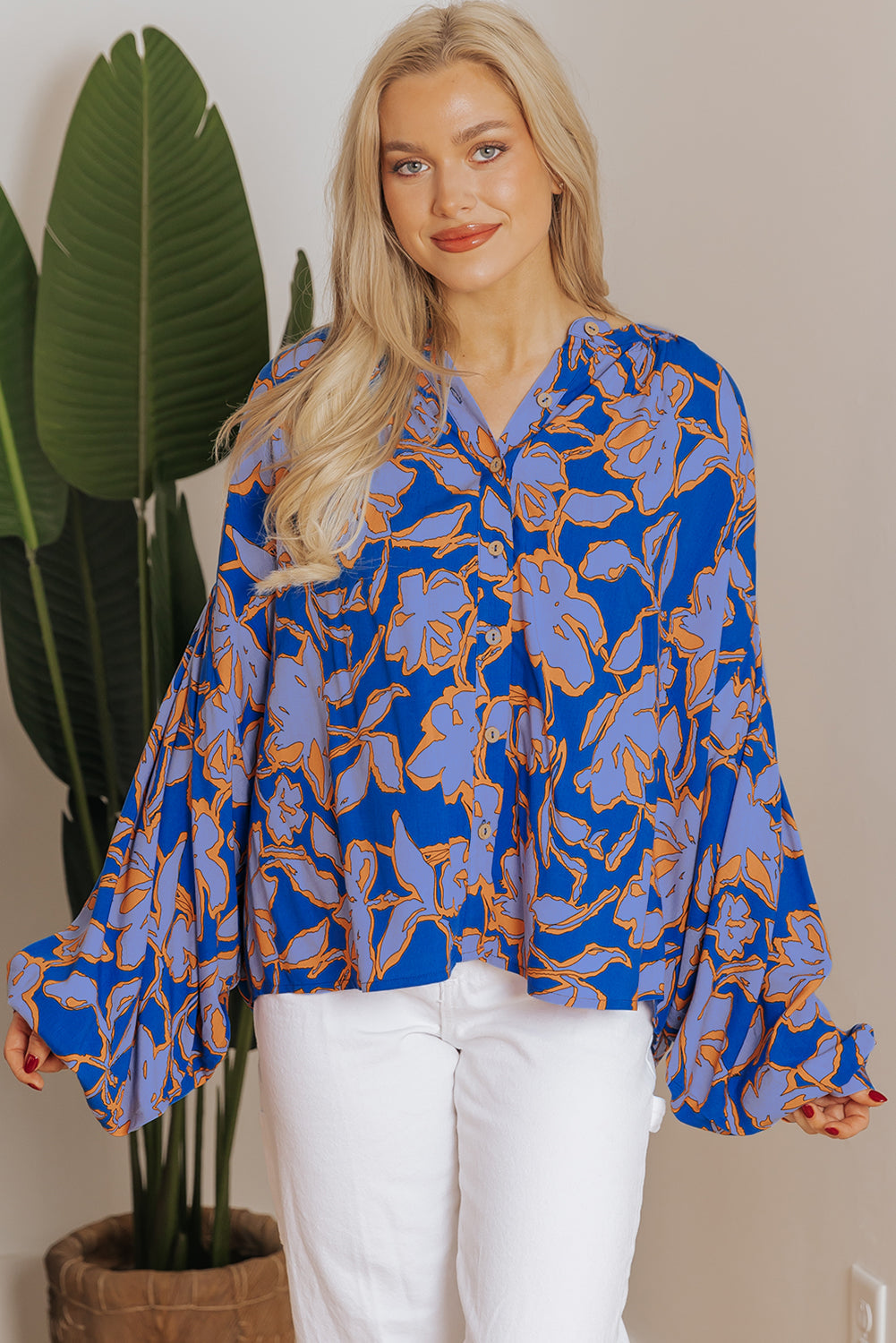 Floral Batwing Sleeve Button-Up Shirt