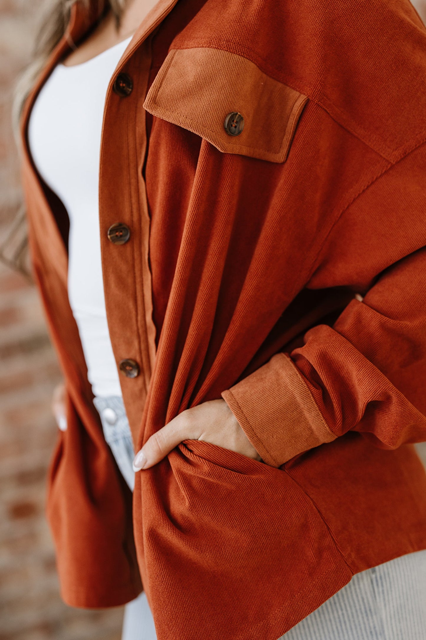 Velvet Button-Up Flap Pocket Drop Shoulder Shacket