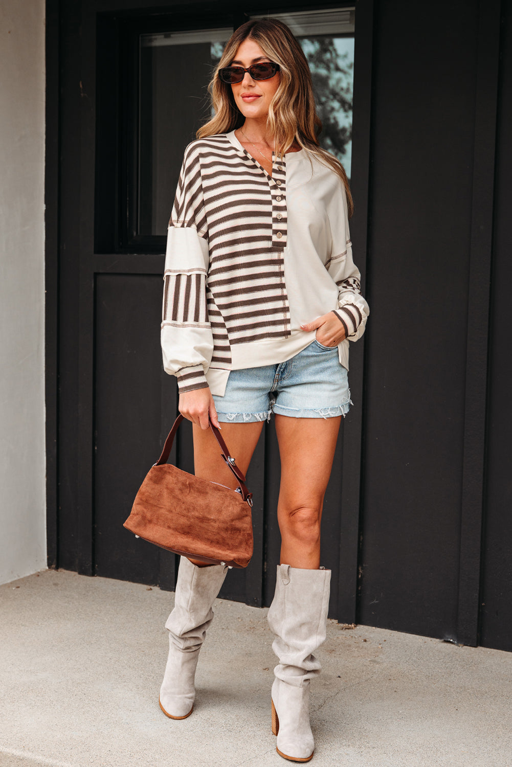 Stripe Patchwork Long Sleeve Henley Top