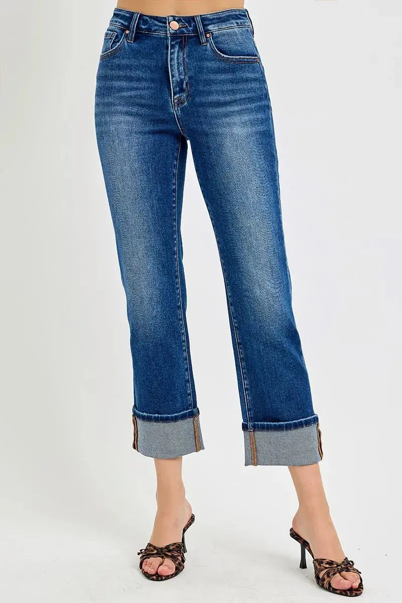 Full/Plus Size High Rise Ankle Straight Cuffed RISEN Jeans