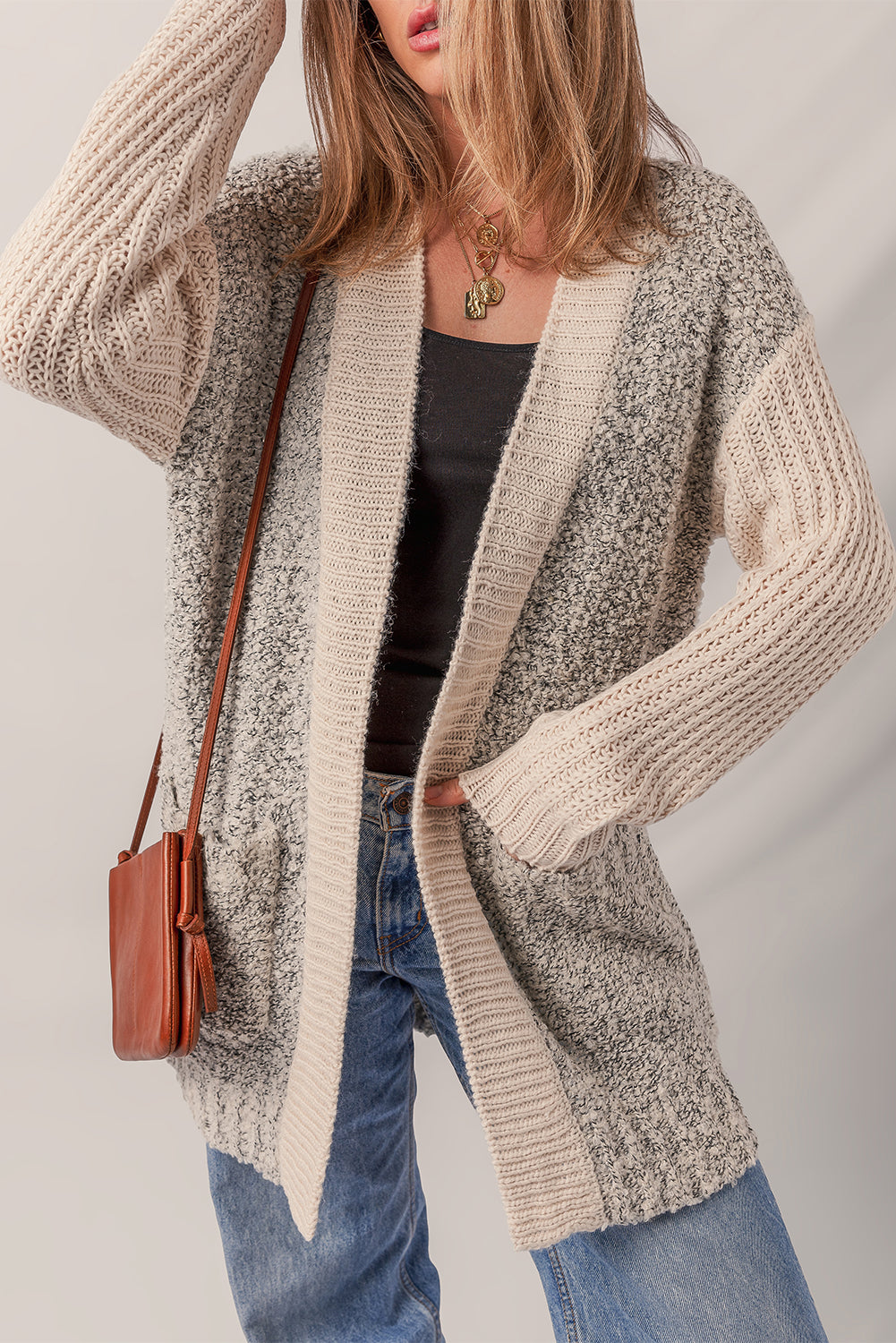 Colorblock Open Front Pocketed Cardigan