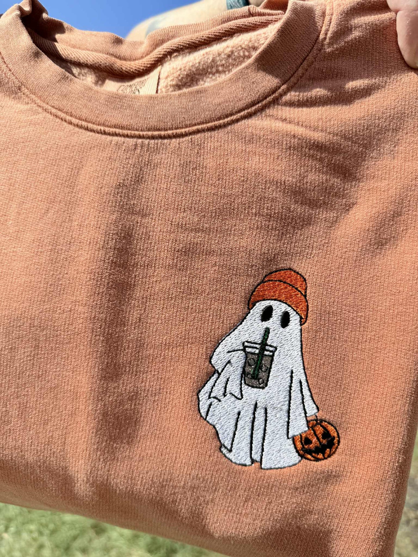 Adult Embroidered Iced Coffee Ghost Comfort Colors Tee - more colors
