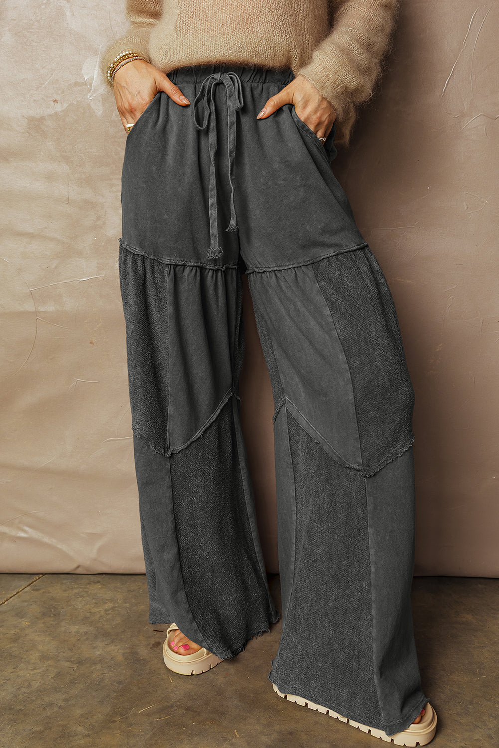 Mineral Wash Patchwork Tiered Wide Leg Pants