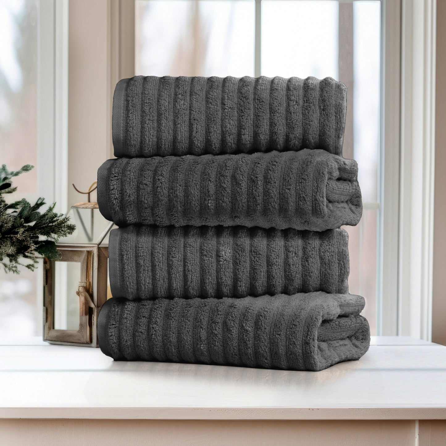 Bibb Home 4 Pack Ribbed Egyptian Cotton Bath Towel Set