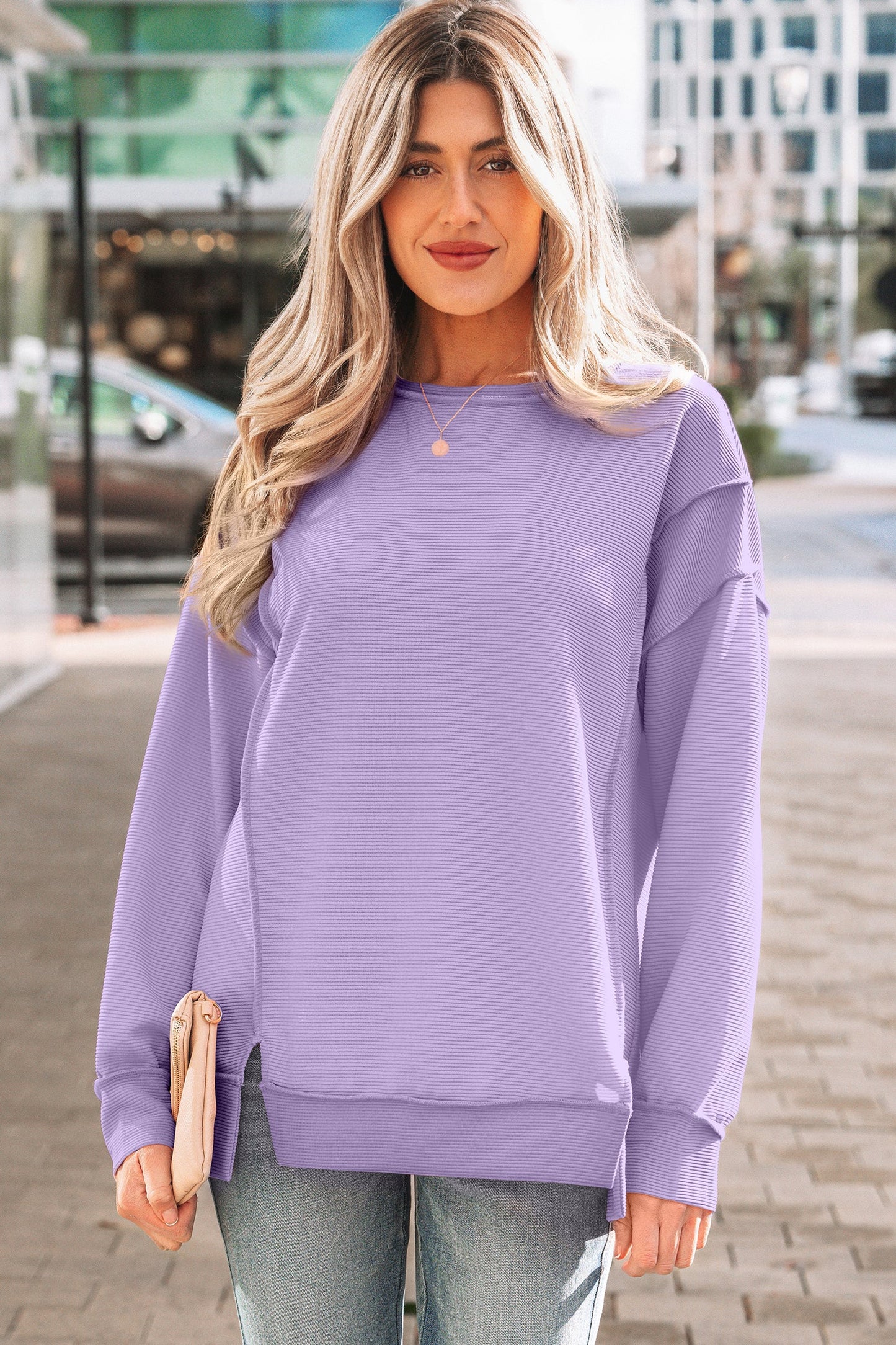 Ribbed Exposed Seam Drop Shoulder Pullover